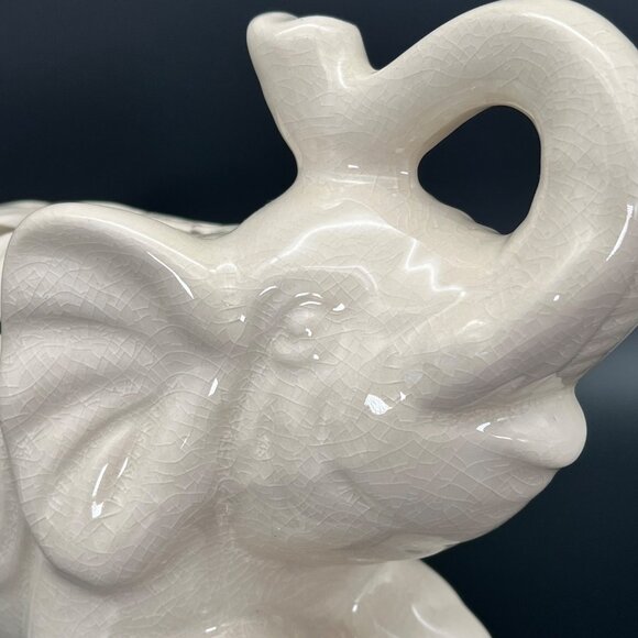 Ceramic Elephant Figurine Carved Crackle Pattern Trunk Up 9" x 7" - Picture 10 of 14